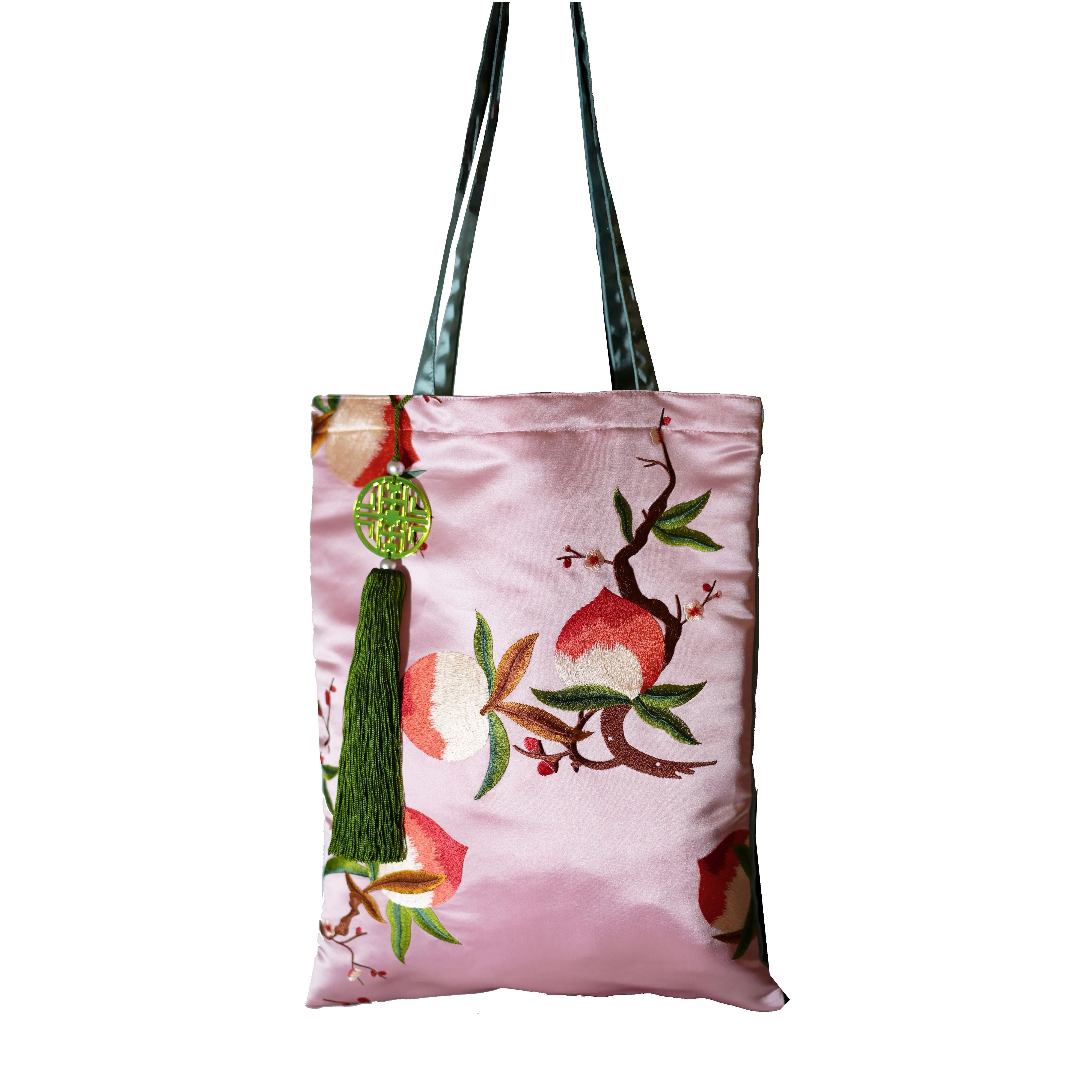 Peach Blossom Tote - Silk Embroidery Handmade bag - AfterRipples Lifestyle