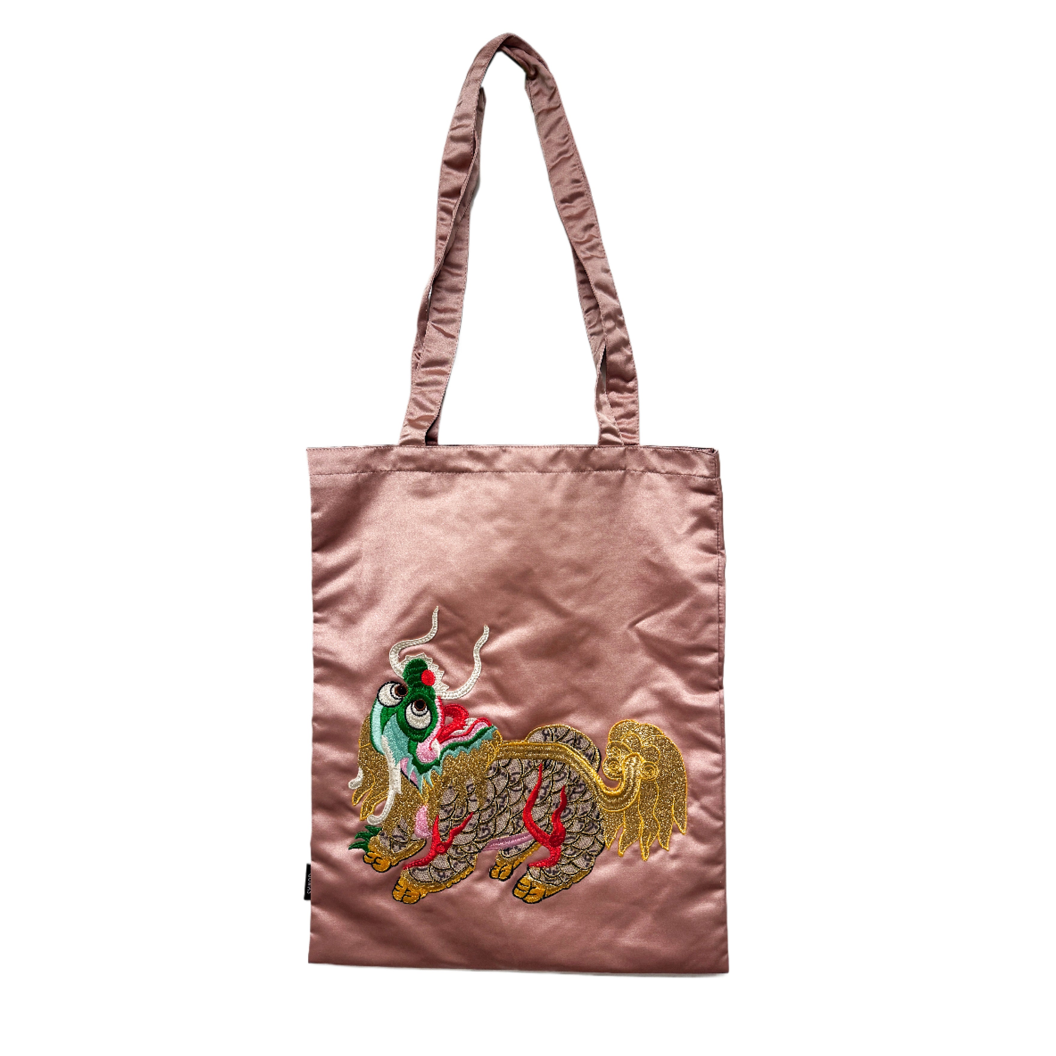 pink_stylish_embroidered_silk_tote_bag Chinese mythical creature Qilin